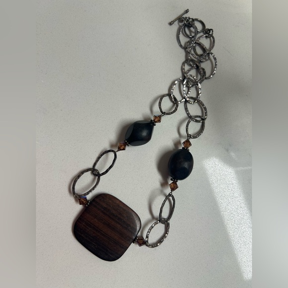 Boho Chic Chain Link Necklace Wood, Gold and Silver Tone Hammered - Picture 6 of 10